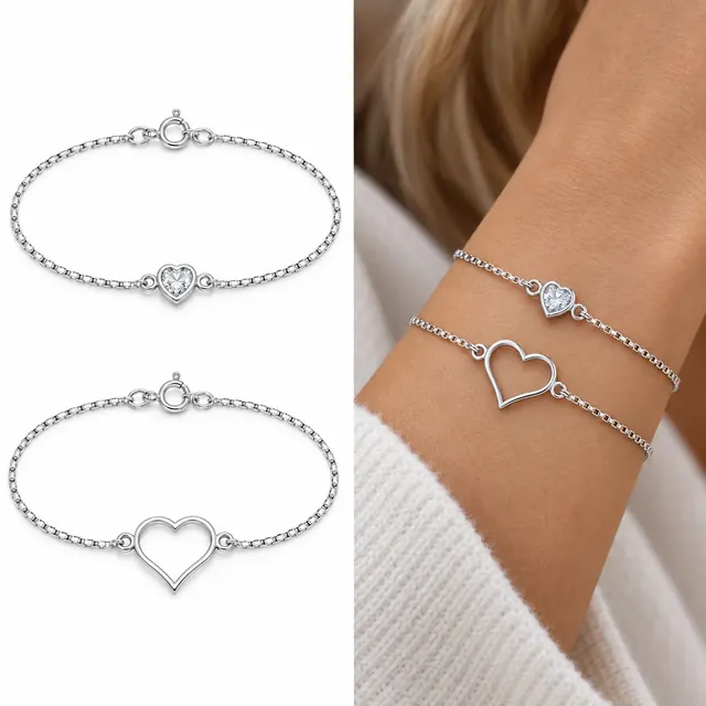 Kit 2 pulseiras Corações em Prata 925